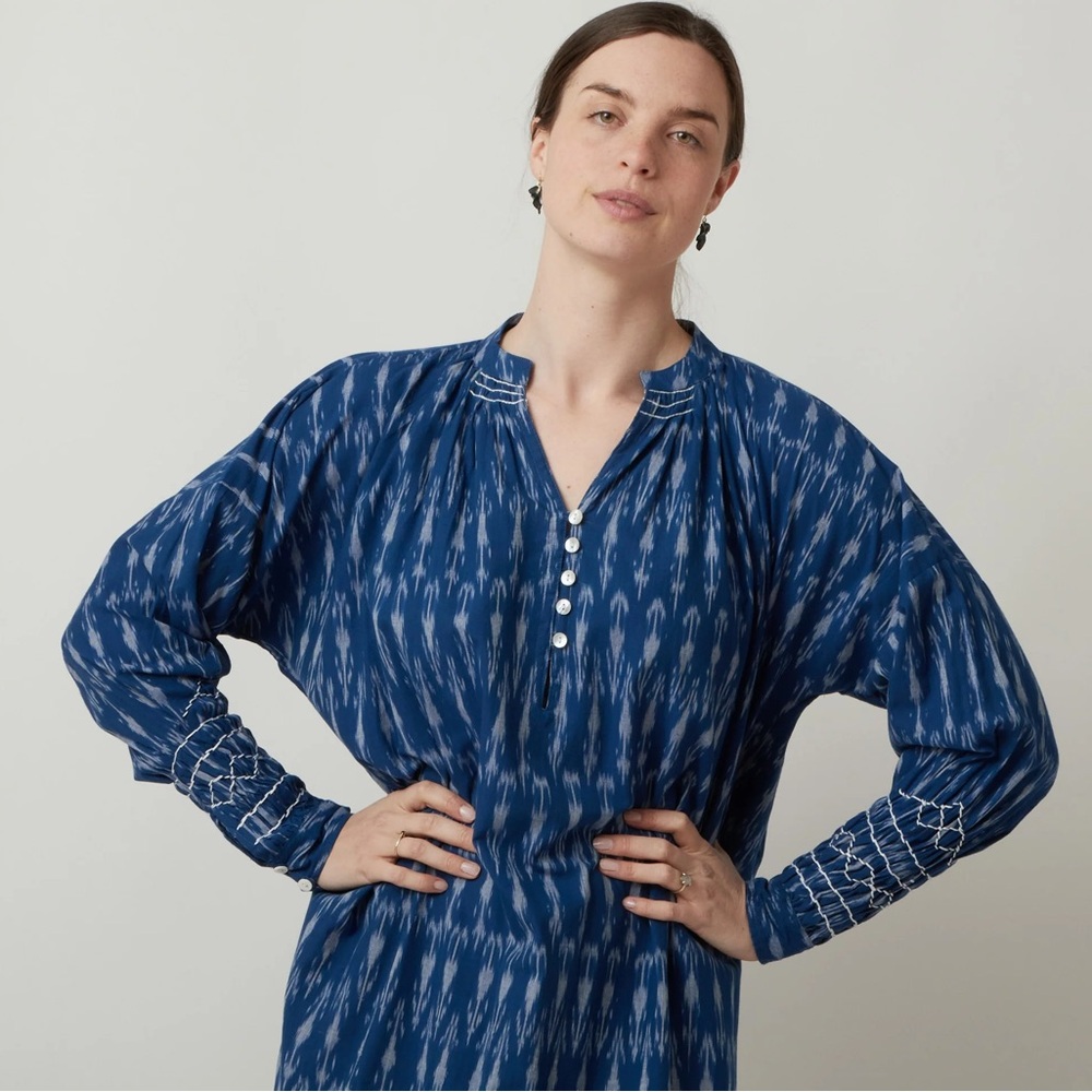 V.DE..VINSTER MIDI DRESS LG BLUE/WHITE IKAT DRESS COTTON‎ EMBROIDERED LAGENLOOK